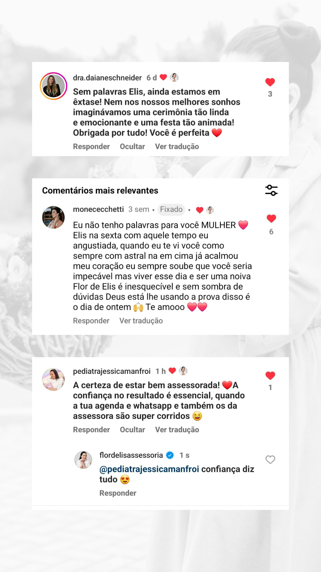 Comentários no Instagram de três noivas elogiando a Elis e a Flor de Lis
