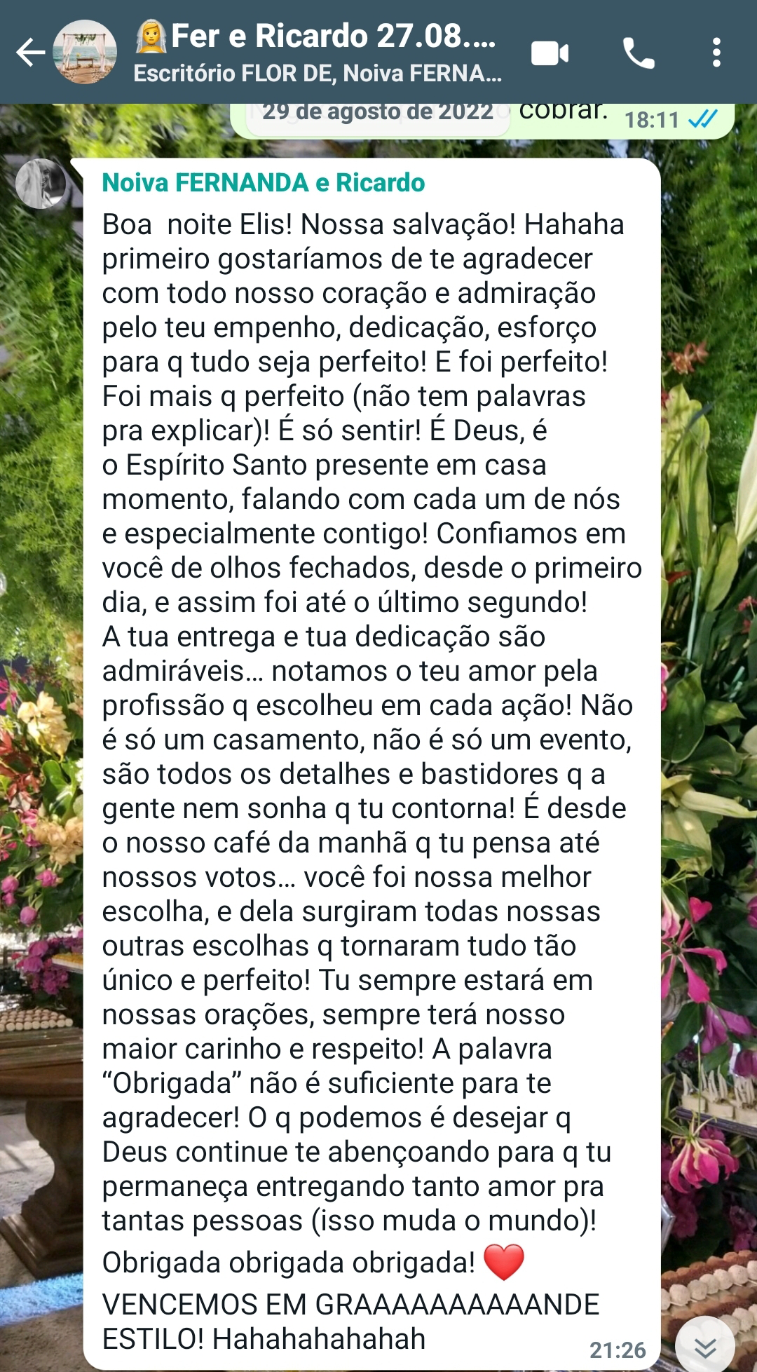 Mensagem no WhatsApp da noiva Fernanda e Ricardo depois do casamento
